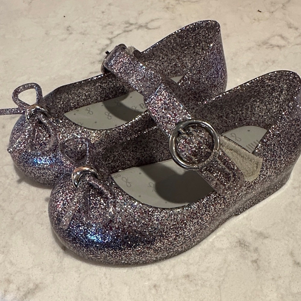 Mini Melissa Glittery Silver Dress Shoes with Bow